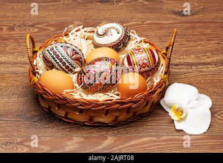 Basket with different easter eggs mint on an isolated white background Stock Photo