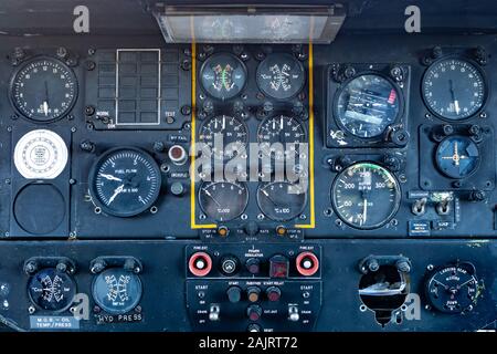 Interior of a Puma SA-330 XW241 helicopter or aircraft cockpit showing details of the controls Stock Photo