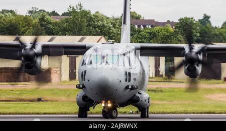 Italian Air Force C-27J Spartan turning on the runway after landing at the 2019 Royal International Air Tattoo at RAF Fairford. Stock Photo