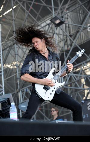 Milan  Italy , 06 July 2011 , Live concert of 'The Big 4' at the 'Arena Concerti Fiera Milano' : The guitarist  of the Megadeth band,Chris Broderick, during the concert Stock Photo