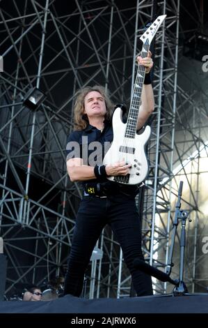 Milan  Italy , 06 July 2011 , Live concert of 'The Big 4' at the 'Arena Concerti Fiera Milano' : The bassist of the Megadeth band,David Ellefson, during the concert Stock Photo