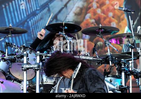 Milan  Italy , 06 July 2011 , Live concert of 'The Big 4' at the 'Arena Concerti Fiera Milano' : The drummer of the Megadeth band,Shawn Drover, during the concert Stock Photo