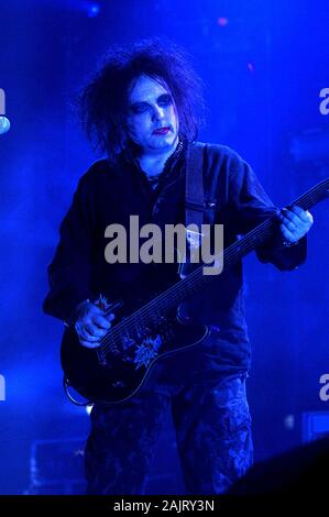 Milan Italy 02 March 2008 Live concert of The Cure at the Palavobis : The singer and guitarist Robert Smith during the concert Stock Photo