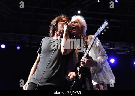 Milan Italy, 08 July 2012, live concert of Ray Manzarek and Robby Krieger of The Doors , at the 'Ippodromo del Galoppo': Robby Krieger and the singer Dave Brock during the concert Stock Photo