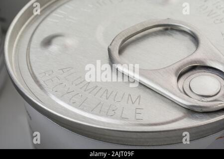 Close-up shot of brushed aluminium ring pull tab on an easy open tin of edible insects from Thailand. Metaphor ingenious, easy open food packaging Stock Photo