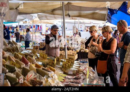 Public market food vendors, vendor stalls at Campo de' Fiori Market, Campo de Fiori Square, Rome, Italy Stock Photo