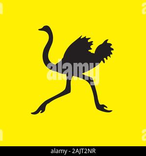 The silhouette of an ostrich bird flees on a yellow isolated background. Vector image Stock Vector