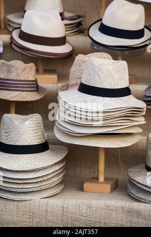 Panama Hats for sale in a small shop in Otavalo in northern