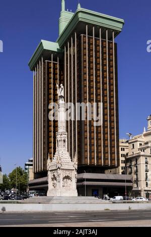 The Christopher Columbus Monument in front of the Colon Towers by Antonio Lamela in Plaza de Colon. Madrid, Spain Stock Photo