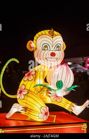 Giant Monkey Lantern of China, zodiac symbol. Light festival in Pakruojis Manor, Lithuania Stock Photo