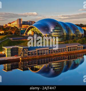 A view of Sage Gateshead reflected in the River Tyne viewed from Newcastle Quayside, Newcastle upon tYne, Tyne & Wear, England, United Kingdom Stock Photo