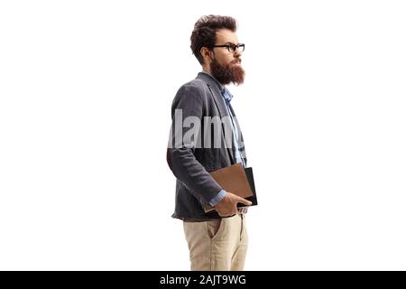 Bearded man holding books isolated on white background Stock Photo