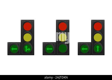 Set of traffic lights. Red, yellow and green. Arrow straight, turn right and left. Vector illustration. Road sign. Stock Vector