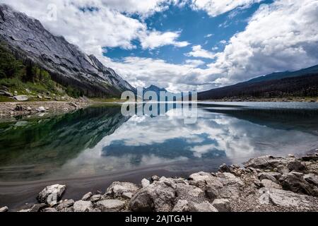 Medicine Lake during summer in Jasper National Park, Canadian Rockies, Alberta, Canada. Stock Photo