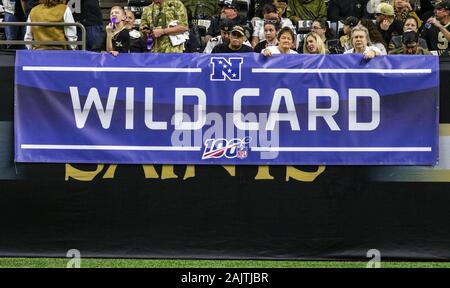 New Orleans, LA, USA. 5th Jan, 2020. NFL playoff signage hangs in the Mercedes Benz Superdome before NFL Wild Card Playoff action between the New Orleans Saints and the Minnesota Vikings in New Orleans, LA. Jonathan Mailhes/CSM/Alamy Live News Stock Photo