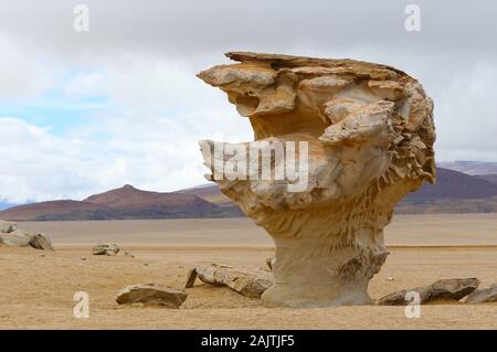 Stone Tree is a rock formation in Eduardo Avaroa Andean Fauna National Reserve,it projects out of the altiplano sand dunes, about 18 km of Red Lagoon. Stock Photo