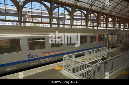 Nice, France - April 05, 2019: Photo taken while traveling by train Cannes-Monaco. Inside view of Gare de Nice Ville railway station. Stock Photo