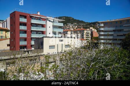 Nice, France - April 05, 2019: Photo taken while traveling by train Cannes-Monaco. View of Rue Saint-Jean d'Angely street. Stock Photo