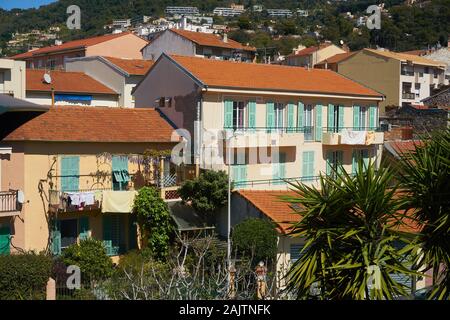 Nice, France - April 05, 2019: Photo taken while traveling by train Cannes-Monaco. View of Rue du Dr Ciais. Stock Photo