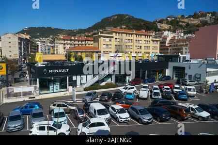 Nice, France - April 05, 2019: Photo taken while traveling by train Cannes-Monaco. View of car service stations on Boulevard de l'Armee des Alpes. Stock Photo