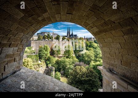 LUXEMBOURG CITY, LUXEMBOURG - SEPTEMBER 22: This is a view of Luxembourg city framed through the famous Adolphe Bridge on September 22, 2019 in Luxemb Stock Photo