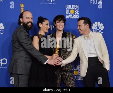 Beverly Hills, United States. 05th Jan, 2020. (l-r) Brett Gelman, Sian Clifford, Phoebe Waller-Bridge and Andrew Scott, members of the cast of 'Fleabag' appear backstage after winning the award for Best Television Series - Musical or Comedy, during the 77th annual Golden Globe Awards, honoring the best in film and American television of 2020 at the Beverly Hilton Hotel in Beverly Hills, California on Sunday, January 5, 2020. Photo by Jim Ruymen/UPI Credit: UPI/Alamy Live News Stock Photo