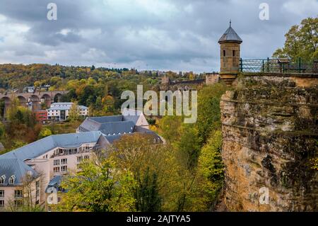 Spanish Turret by the Three Towers, historic 17th century monument built by the Spaniards in Luxembourg, UNESCO World Heritage Site above the Grund Stock Photo