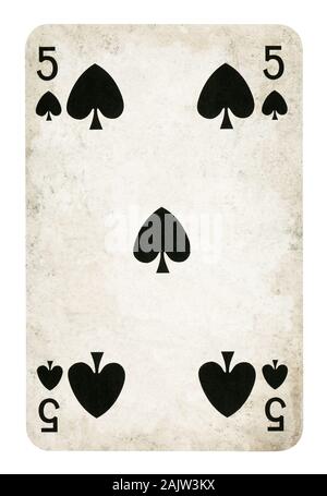 Five of Spades Vintage playing card - isolated on white (clipping path included) Stock Photo