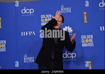 Beverly Hills, United States. 05th Jan, 2020. Director Quentin Tarantino appears backstage after winning the award for Best Screenplay - Motion Picture for 'Once Upon A Time in Hollywood' during the 77th annual Golden Globe Awards, honoring the best in film and American television of 2020 at the Beverly Hilton Hotel in Beverly Hills, California on Sunday, January 5, 2020. Photo by Jim Ruymen/UPI Credit: UPI/Alamy Live News Stock Photo