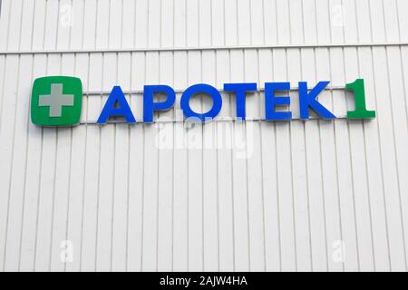Klabu, Norway - October 13, 2019: Close-up view of the Norwegian drugstore Apotek1 sign outside the store. Stock Photo