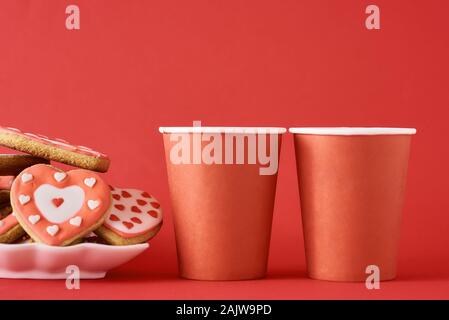 Two cups of cappuccino or latte decorated with foam on marble table  background in Coffee shop. Morning coffee for couple in love. Top view. Two  white mugs of coffee. 12877073 Stock Photo