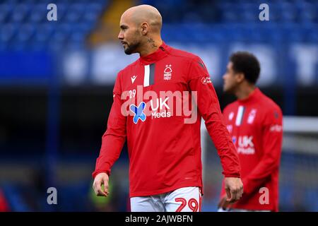 LONDON, ENGLAND - JANUARY 5TH. Yohan Benalouane (29) of Nottingham Forest warms up during the FA Cup match between Chelsea and Nottingham Forest at Stamford Bridge, London on Sunday 5th January 2020. (Credit: Jon Hobley | MI News) Photograph may only be used for newspaper and/or magazine editorial purposes, license required for commercial use Credit: MI News & Sport /Alamy Live News Stock Photo