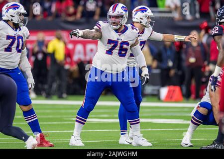 January 4, 2020: Buffalo Bills offensive guard Jon Feliciano (76) prior to  an NFL football playoff game between the Buffalo Bills and the Houston  Texans at NRG Stadium in Houston, TX. The