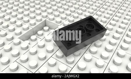 3d illustration: Black different toys piece lies separately on a white background is not inserted in the groove. Business concept: unique. Stock Photo