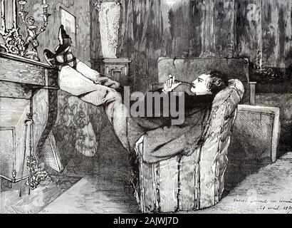 Sketch or Drawing of Jules de Goncourt (1830-1870) by Edmond de Goncourt (1822-1896) Smoking Pipe & Relaxing in Living Room (Signed 29 April 1857). The Goncourt Brothers were leading French Literary Critics, Authors and Publishers. Stock Photo