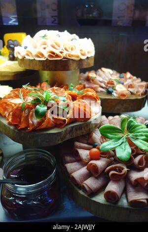 Various Sliced Processed Cold Meats on Display in the Buffet at the Azul Beach Resort Hotel, Puerto Morelos, Riviera Maya, Cancun, Mexico. Stock Photo