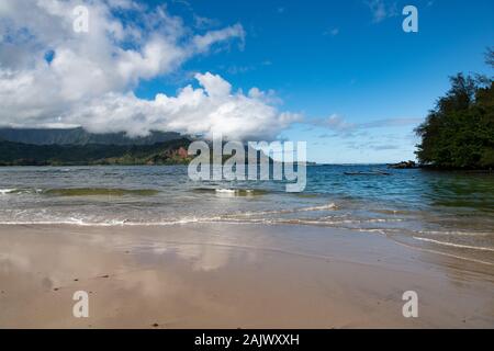 Looking out to sea over Hanalei beach Kauai, Hawaii, USA Stock Photo