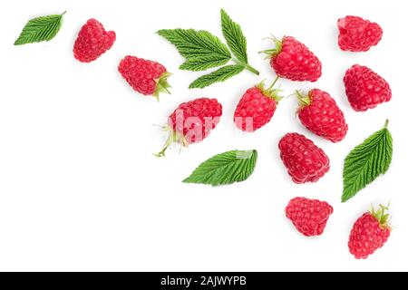 raspberries with leaves isolated on white background with copy space for your text. Top view. Flat lay pattern Stock Photo