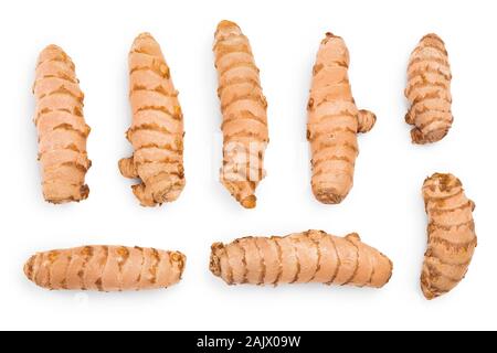 turmeric root isolated on white background. Top view. Flat lay Stock Photo