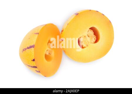 Fresh Pepino fruit isolated on white background. Top view, flat lay Stock Photo