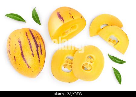 Fresh Pepino fruit with leaves isolated on white background. Top view, flat lay Stock Photo