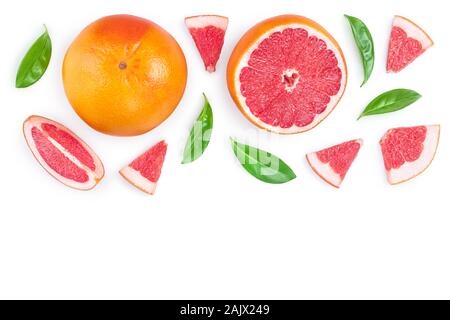Grapefruit and slices with leaves isolated on white background with copy space for your text. Top view. Flat lay pattern Stock Photo