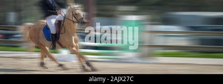 Horse Jumping, Equestrian Sports, Show Jumping Competition panoramic background with motion blur Stock Photo