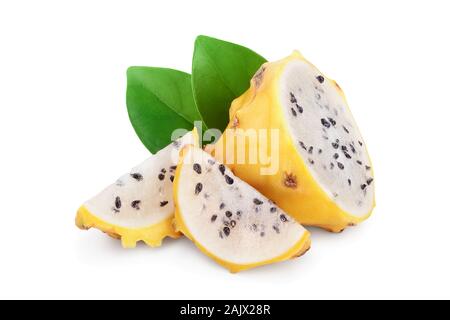 Ripe Dragon fruit, Pitaya or Pitahaya yellow isolated on white background, fruit healthy concept Stock Photo
