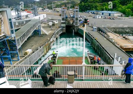 Ferry approaching the Interislander ferry terminal, Picton, South Island, New Zealand, Stock Photo