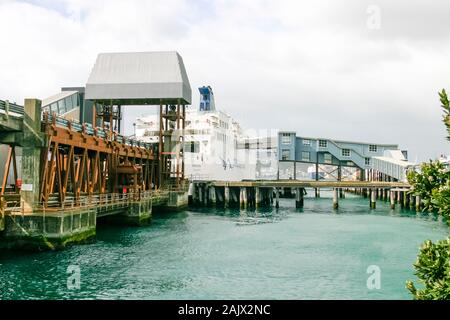 Island With Ramp Covered walkway and pedestrian boarding ramp at the Interislander ferry ...