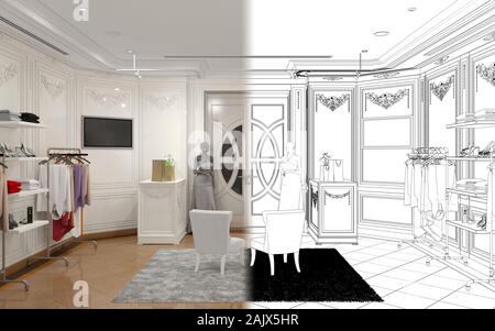 clothing store, interior visualization, 3D illustration Stock Photo