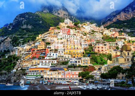 Positano, a village on a cliff on Amalfi coast, Sorrento, Italy, Mediterranean sea, is a famous travel destination and tourist resort in Italy Stock Photo