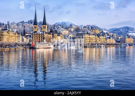 Lucerne city on Lake Lucerne, Switzerland, on a cold winter day Stock Photo