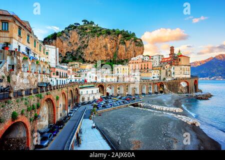 Atrani Old town and beach on Amalfi coast, Naples, Italy in sunset light Stock Photo